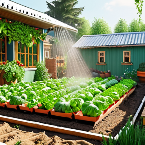 Home 4 Lush, Automated Garden**
Prompt: "Vibrant vegetable garden, automated watering system visible (sprinklers/drip lines), healthy plants overflowing with produce, sunny day, happy feeling, Russian dacha style, sense of abundance and ease, realistic photography"
**