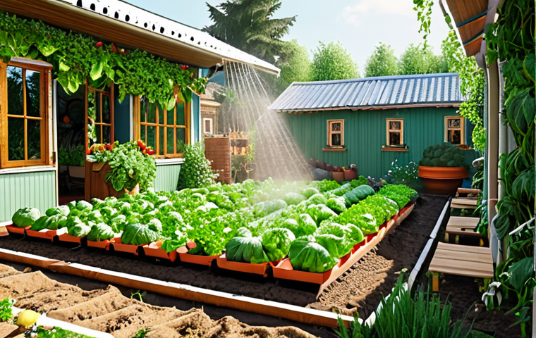 Lush, Automated Garden**
Prompt: "Vibrant vegetable garden, automated watering system visible (sprinklers/drip lines), healthy plants overflowing with produce, sunny day, happy feeling, Russian dacha style, sense of abundance and ease, realistic photography"
**