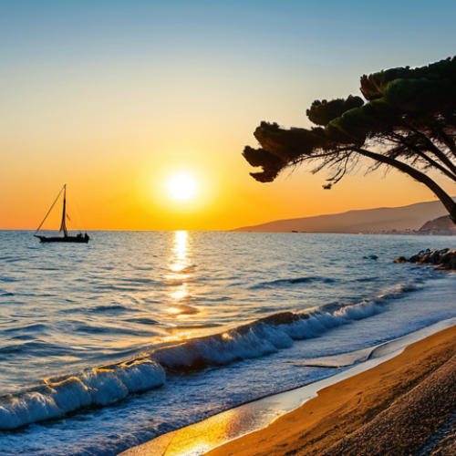 Serene Black Sea Scene**

"A peaceful seascape of the Black Sea at sunset, taken from the coast near Sochi. Gentle waves, distant sailboats, and the sun setting over the horizon. Cypress trees line the shore. Fully clothed figures are strolling along the beach in modest attire. Warm, golden light. Safe for work. Appropriate content. Professional photography. Perfect anatomy. Natural proportions. High resolution."

**
