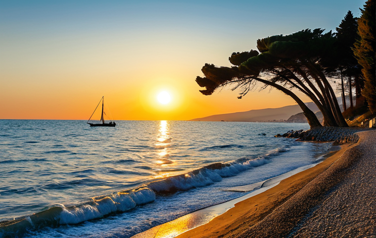 Serene Black Sea Scene**
"A peaceful seascape of the Black Sea at sunset, taken from the coast near Sochi. Gentle waves, distant sailboats, and the sun setting over the horizon. Cypress trees line the shore. Fully clothed figures are strolling along the beach in modest attire. Warm, golden light. Safe for work. Appropriate content. Professional photography. Perfect anatomy. Natural proportions. High resolution."
**