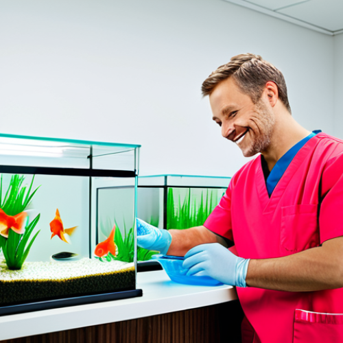 **

"A professional veterinarian, fully clothed in scrubs, examining a goldfish in a small aquarium. The setting is a bright and clean veterinary clinic. The veterinarian is smiling reassuringly. Safe for work, appropriate content, family-friendly, professional, perfect anatomy, correct proportions, well-formed hands."

**