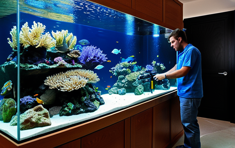 어항 속 미니 산호초 - Setting Up the Tank**

"A person carefully arranging live rock in a newly set up aquarium, with vari...