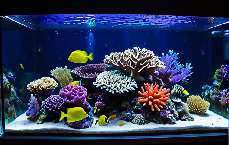 어항 속 미니 산호초 - Setting Up the Tank**

"A person carefully arranging live rock in a newly set up aquarium, with vari...