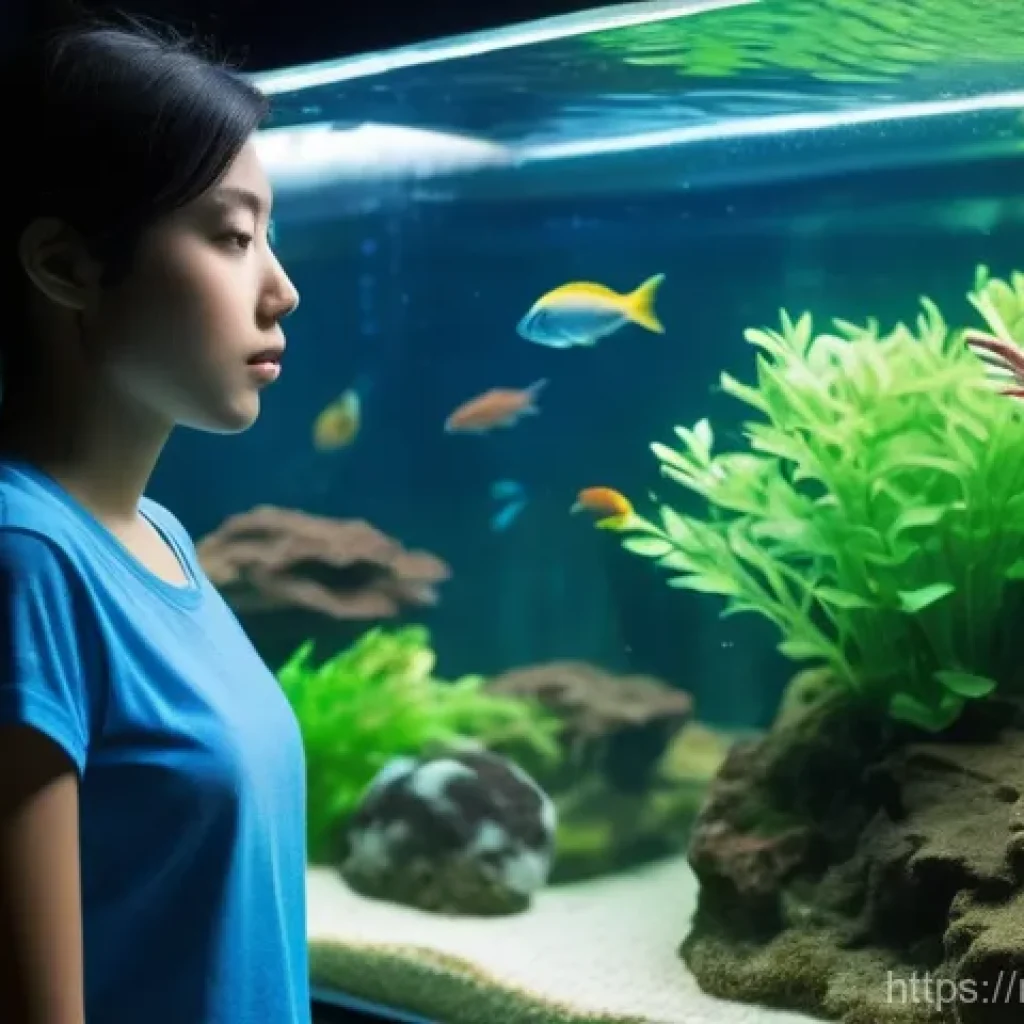 어항 온도 조절 장치 - **Prompt:** A concerned aquarist, a woman in her late 20s, dressed in a casual t-shirt and jeans, ge...