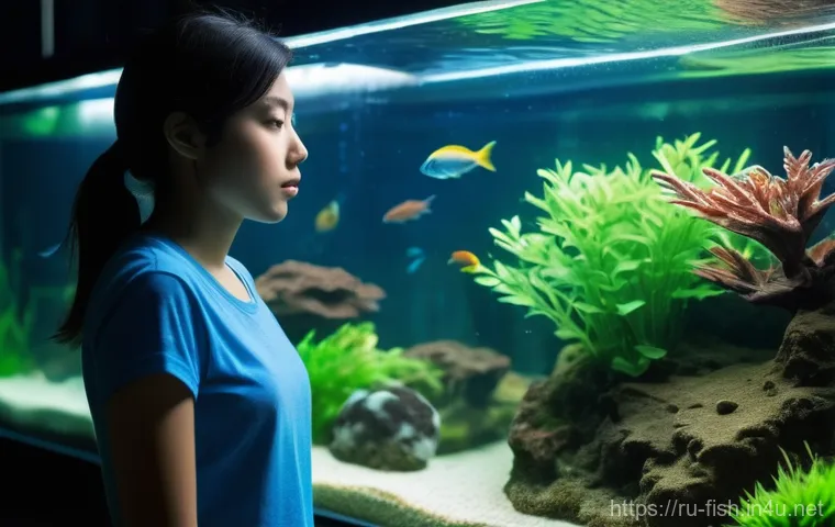 어항 온도 조절 장치 - **Prompt:** A concerned aquarist, a woman in her late 20s, dressed in a casual t-shirt and jeans, ge...