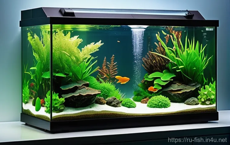 어항 온도 조절 장치 - **Prompt:** A clean and modern aquarium setup featuring an array of advanced temperature control equ...