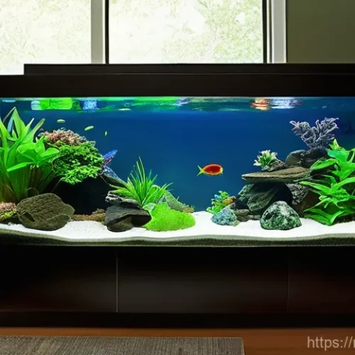 Home 1 실내 어항 위치 선정 - **Prompt 1: A Tranquil Home Aquarium Scene**
A cozy, modern living room bathed in soft, diffused...