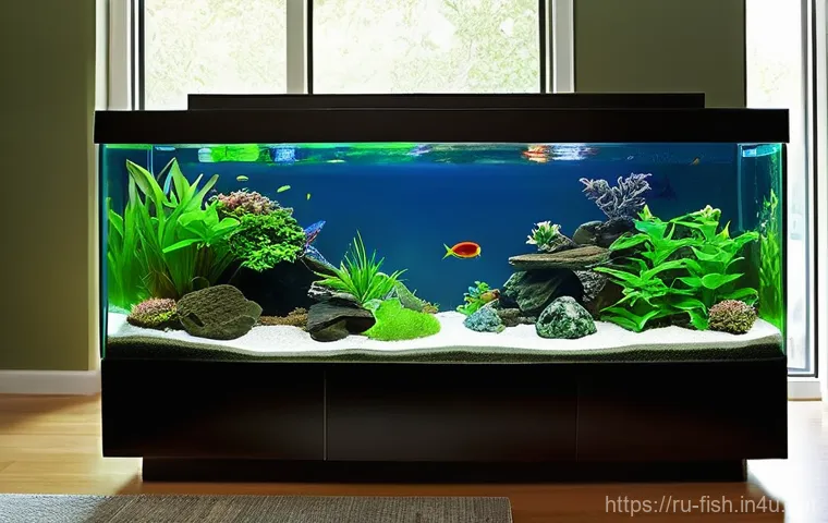 실내 어항 위치 선정 - **Prompt 1: A Tranquil Home Aquarium Scene**
A cozy, modern living room bathed in soft, diffused...