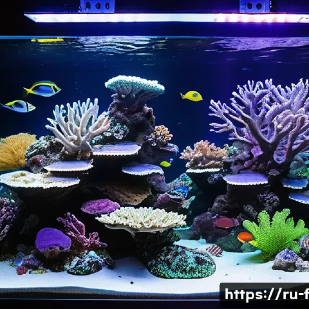 산호 조명 스펙트럼 - A vibrant reef aquarium scene illuminated primarily by cool white LED lighting with a color temperat...