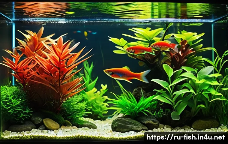 카드널테트라 수명 - A vibrant freshwater aquarium scene featuring a peaceful school of cardinal tetras swimming graceful...