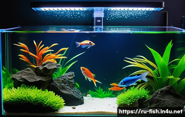 어항 온도계 설치법 - A detailed close-up scene of a modern aquarium interior featuring a sleek digital thermometer with a...