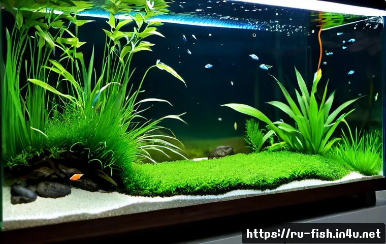 수초와 어류 공생 방법 - Photorealistic freshwater planted aquarium ecosystem, a small school of neon tetras weaving calmly t...