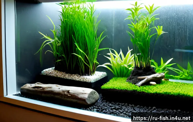 Home 17 수초 교배로 풍성하게 - Photorealistic close-up of a healthy freshwater aquarium with lush green aquatic stem plants being c...